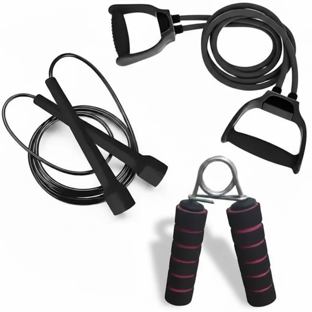 Combo of D-Shaped Dual Resistance Bands with Sports Skipping Rope and a Foam Hand Gripper